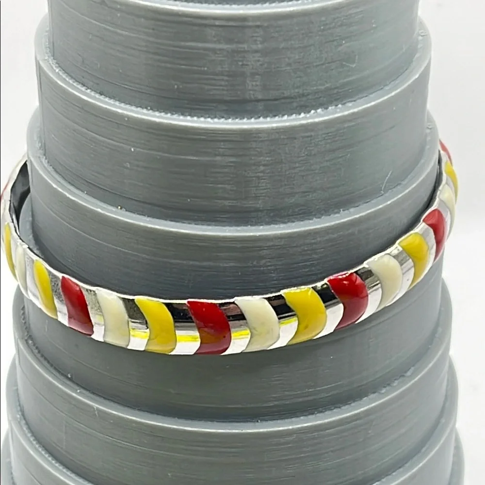 Vintage striped enamel Colorful Silvertone Bangle Bracelet yellow red cream